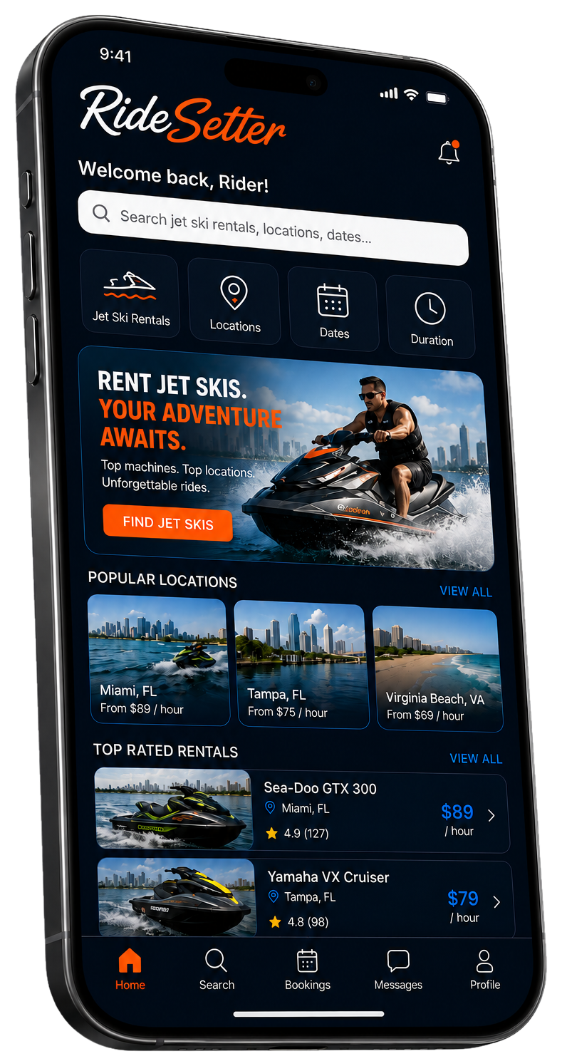 RideSetter mobile app showing search, featured rides, and navigation tabs.