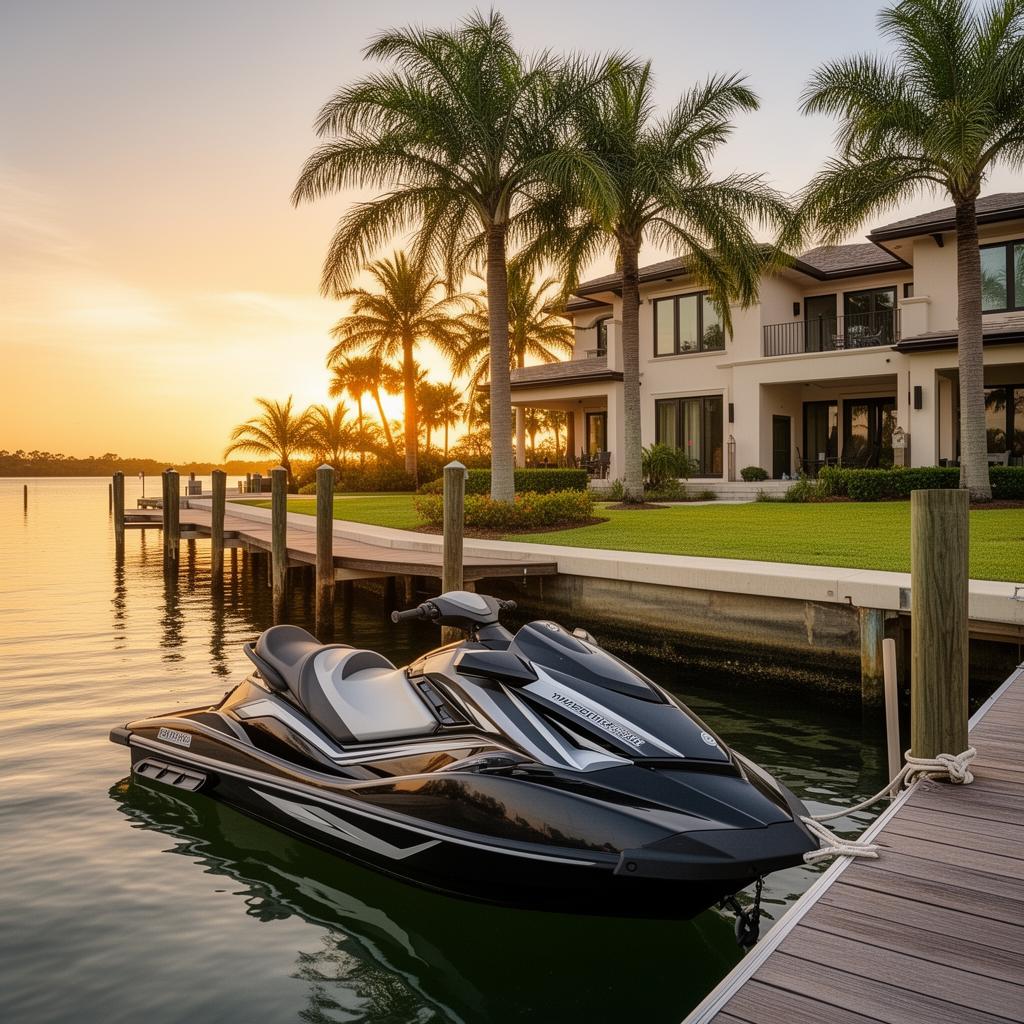 Luxury waterfront dock with a jet ski moored beside a modern home at sunset.
